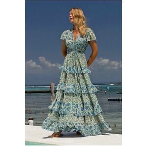 Miss June Floral Tiered Maxi Dress Womens Medium ? Blue Cottagecore Boho Fairy